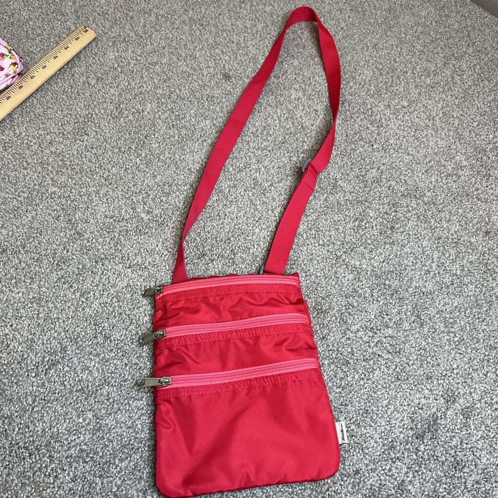 Crossbody Bag Womens Red Nylon Triple Zip Purse‎ Multi Pocket Adjustable Strap
